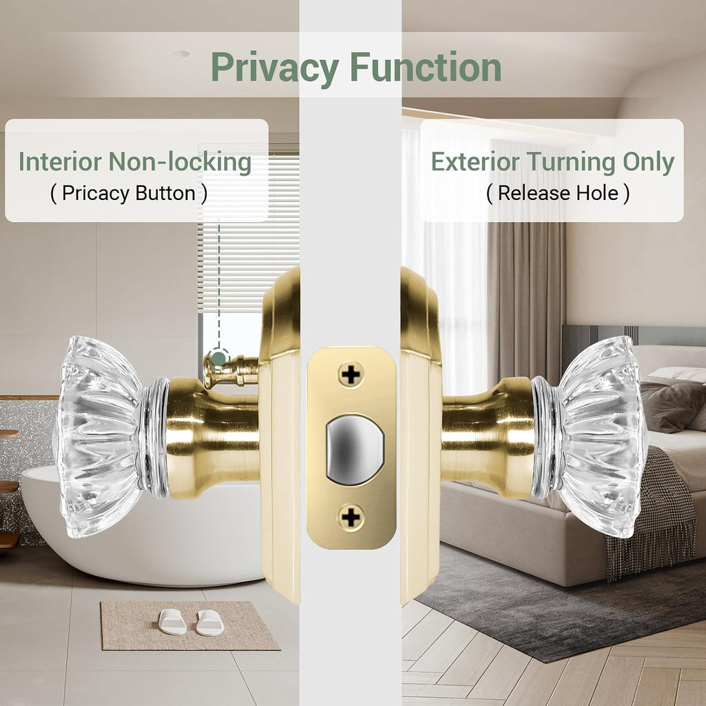 Crystal Door Knobs, Brushed Gold Glass Door Knobs Interior Rose Shape with Lock Privacy Function, Vintage Antique