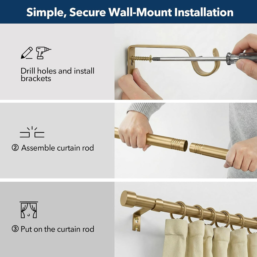 Heavy Duty Brush Gold Curtain Rods for Windows 32 to 120 Inch, 1 Inch Brass Curtain Rod Adjustable with Metal Modern