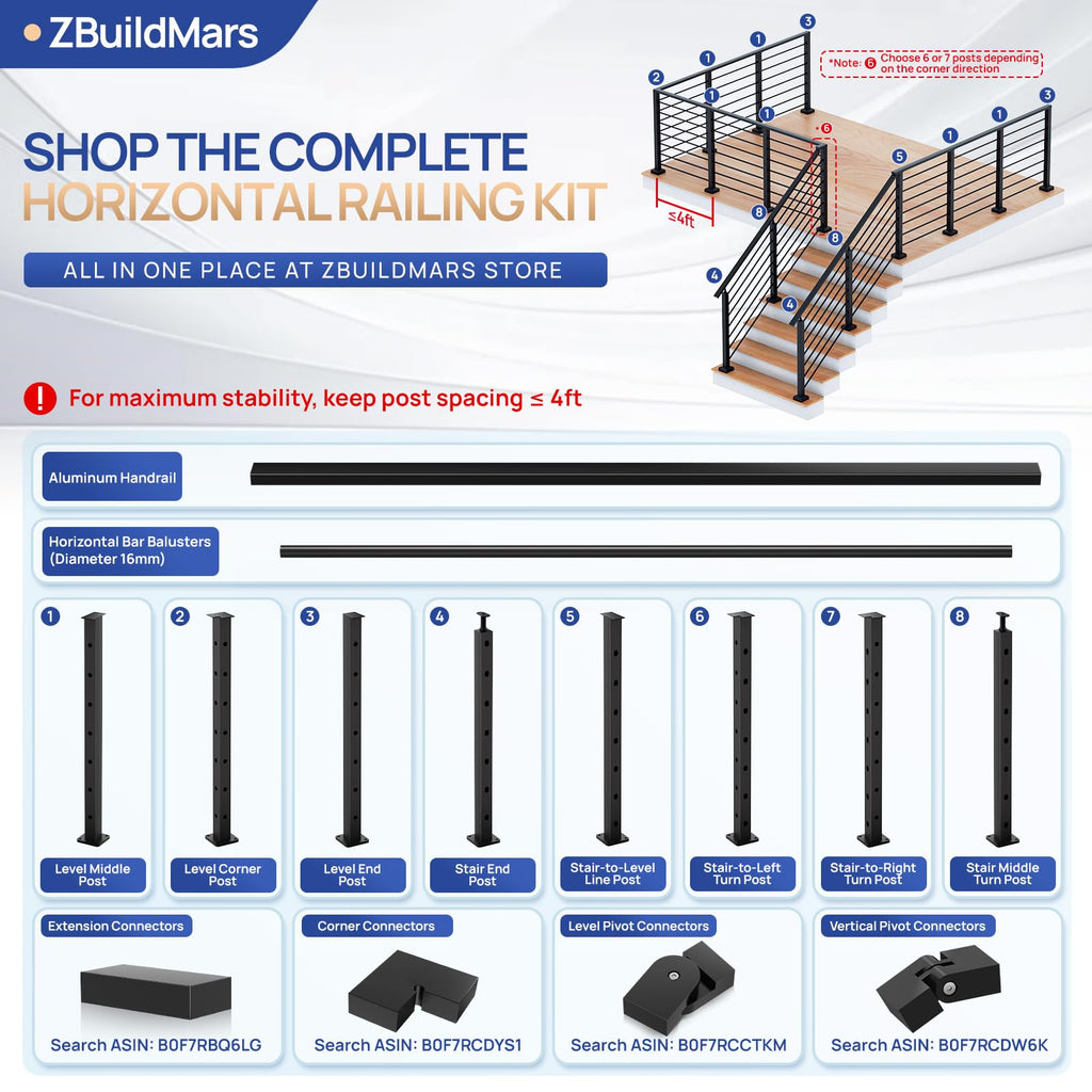 35"x2"x2" Aluminum Railing Post, Stair End Post