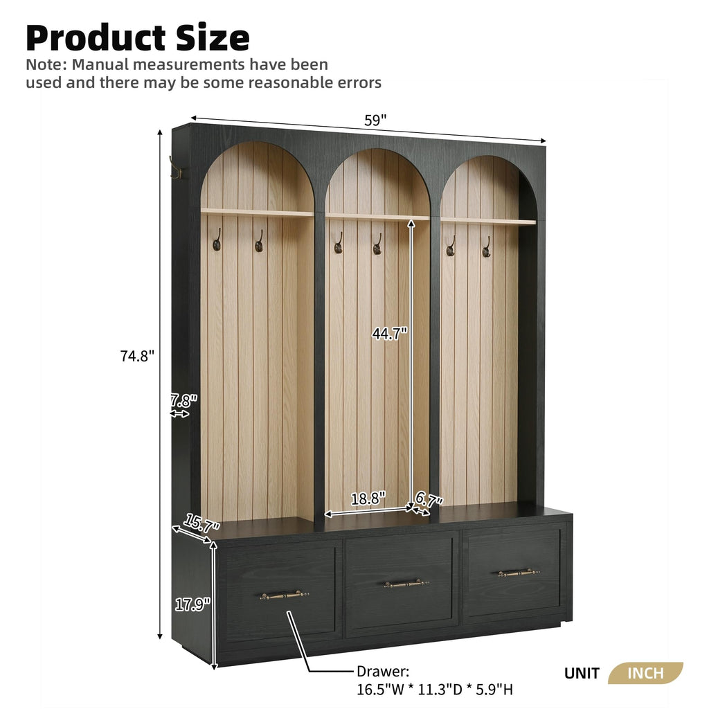 Farmhouse Wood Hall Tree with 8 Hooks and Storage Shoe Bench, Arched Mudroom Versatile Coat Racks with 3 Drawers