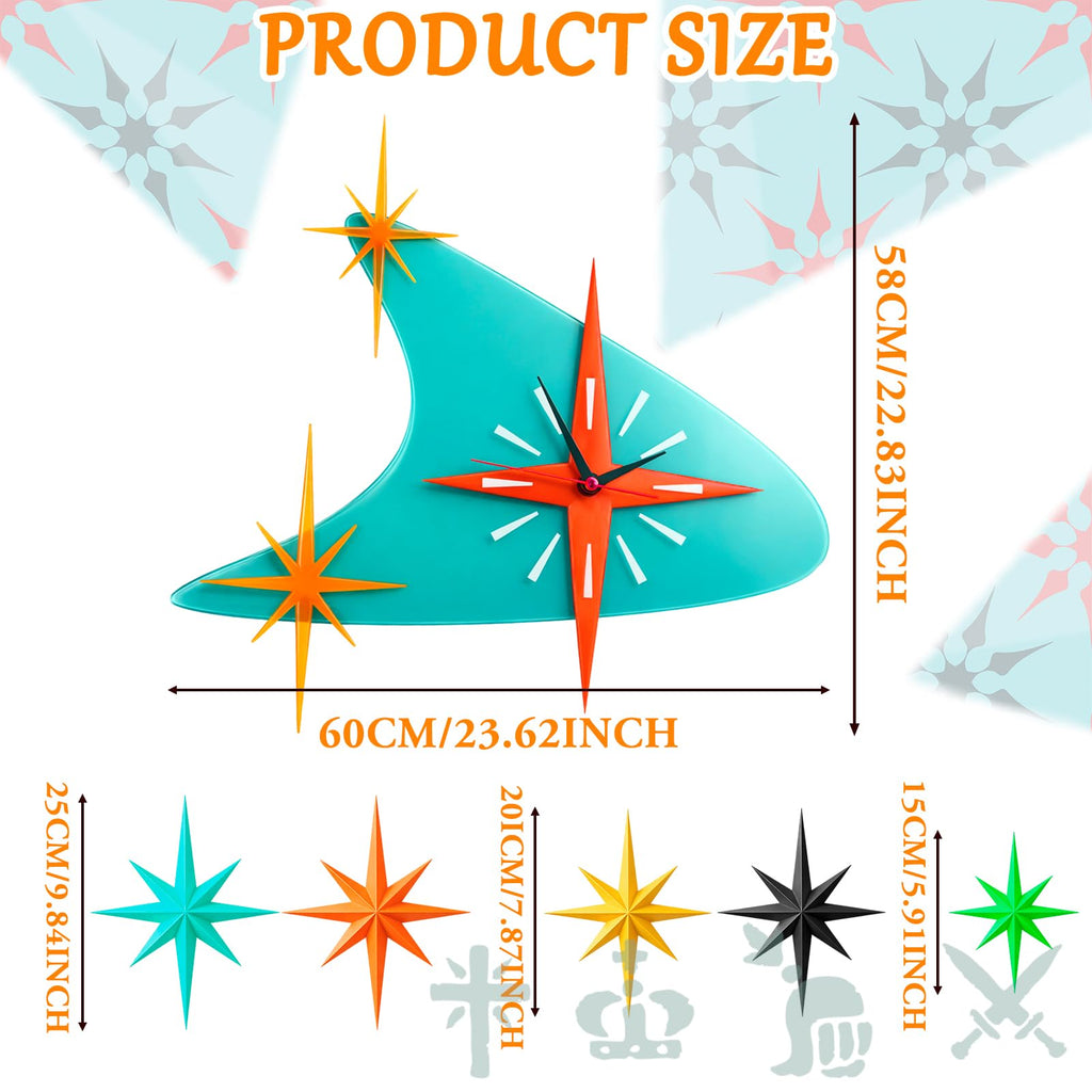 25 inch Mid Century Modern Wall Clock Decor with 5 Pcs Retro 3D Star Art Wall Sculpture Starburst Clock art Vintage