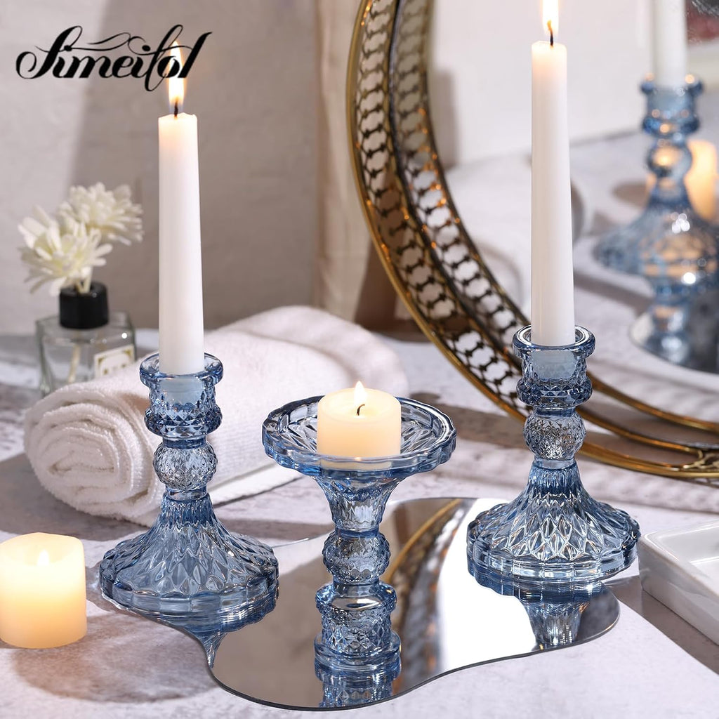 Glass Candle Holder Set of 12, Blue Taper Candle Holders Bulk, Vintage Candlestick Holders, Candle Stick Holder for