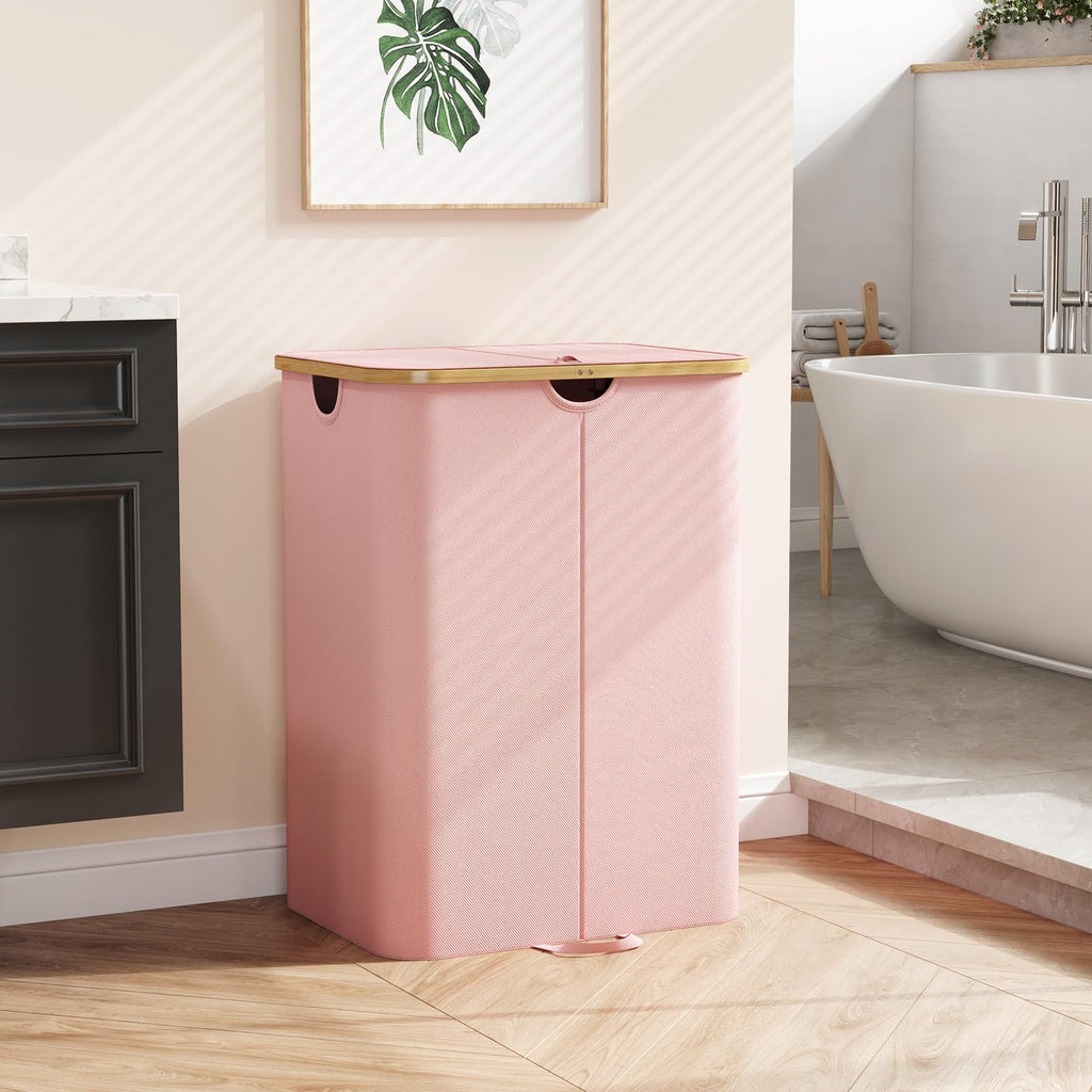 150L Double Laundry Hamper with Lid and Removable Bag, Pink