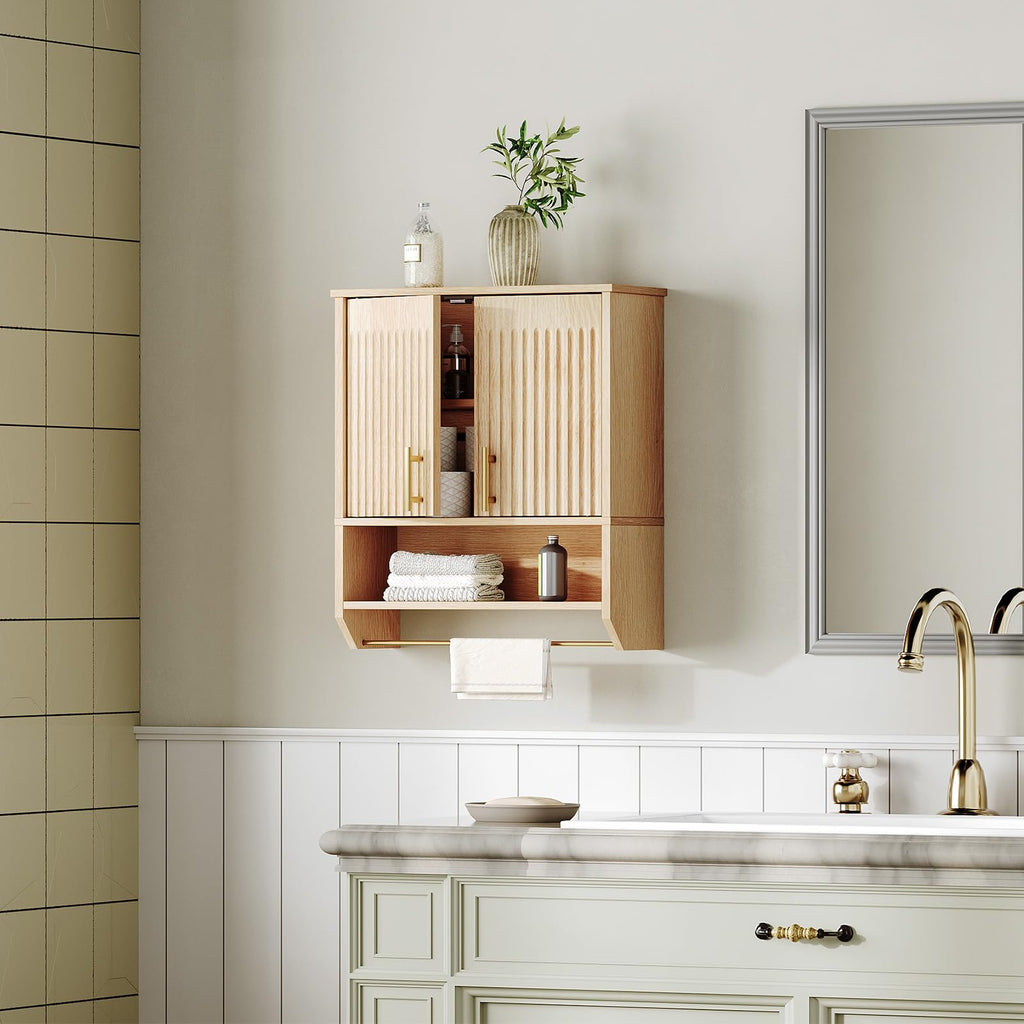 Narrow Bathroom Wall Cabinet with Towel Rack, Space Saving Medicine Cabinet for Small Spaces, Farmhouse Fluted Wall