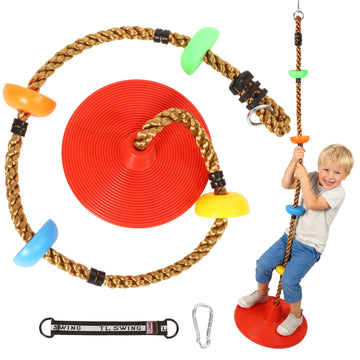Tree Swing for Kids Climbing Rope Swing with Platforms and Disc Red