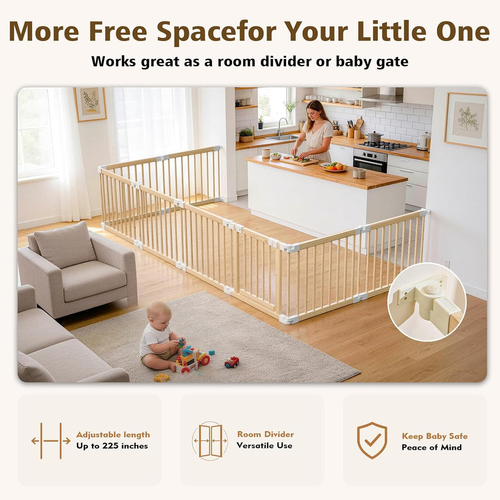 Baby Playpen, 56 * 56 * 24 inches Wooden Play Yard with Gate for Babies | Child-Proof Lock, Activity Center