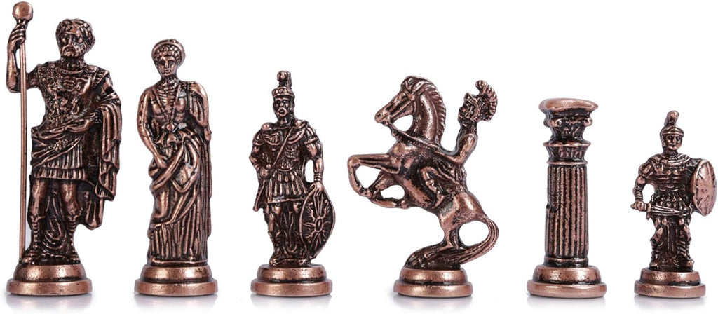 Historical Antique Copper Rome Figures Metal Chess Set for Adults, Handmade Pieces and Marble Design Wood Chess Board