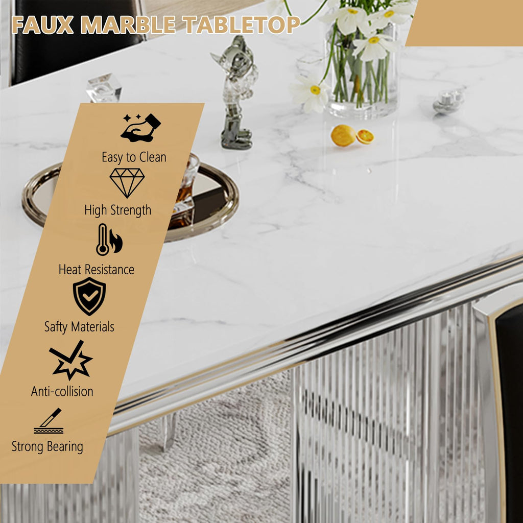 68" Faux Marble White Silver Dining Table for 6, Modern Dining Room Table with 0.71" Marble Printing MDF Top and Dual