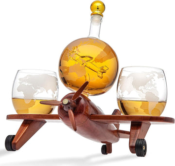 Whiskey Decanter Airplane Globe Set with 2 World Whiskey Glasses - for Liquor Scotch Bourbon Vodka - Set of 3