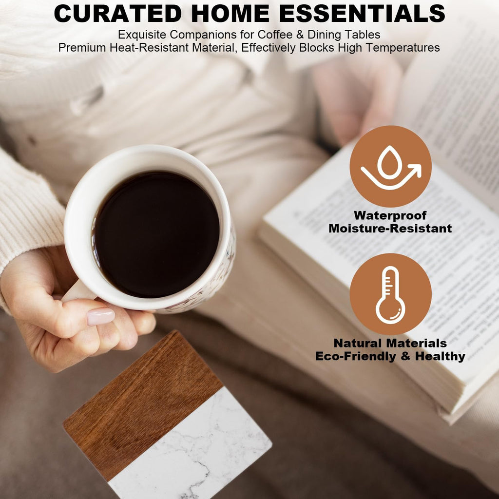 Marble Coasters: 4-piece Set of Acacia Wood Marble Coasters, Suitable for Kitchens, Offices, and can be Used as Gifts - Set of 4