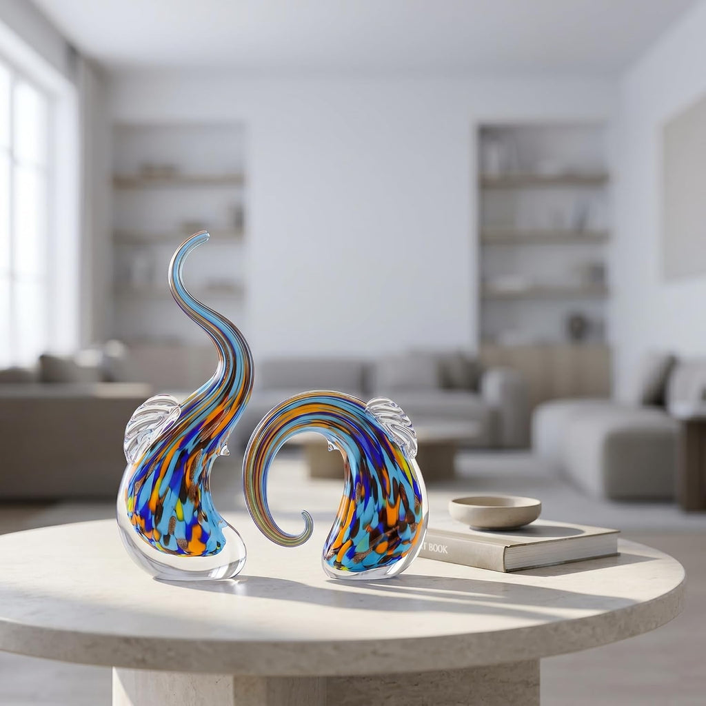 Hand Blown Elephant Statues Set - Luxury Sculptures Home Decor Art Glass Ornament Animal Collectible (Green) - Set of 2