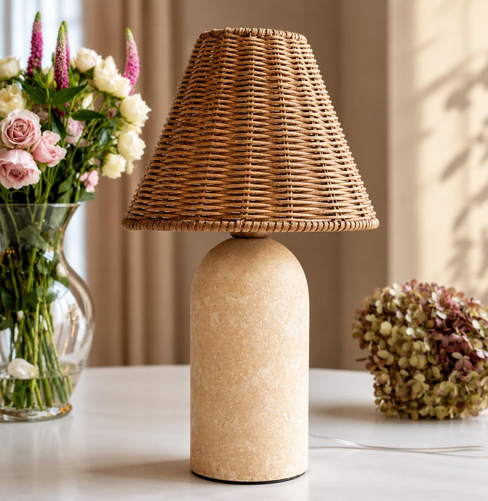 14" Small Mini Wicker Table Lamp - Handmade Ceramic Base with Rattan Shade, Dimmable Nightstand or Accent Light for