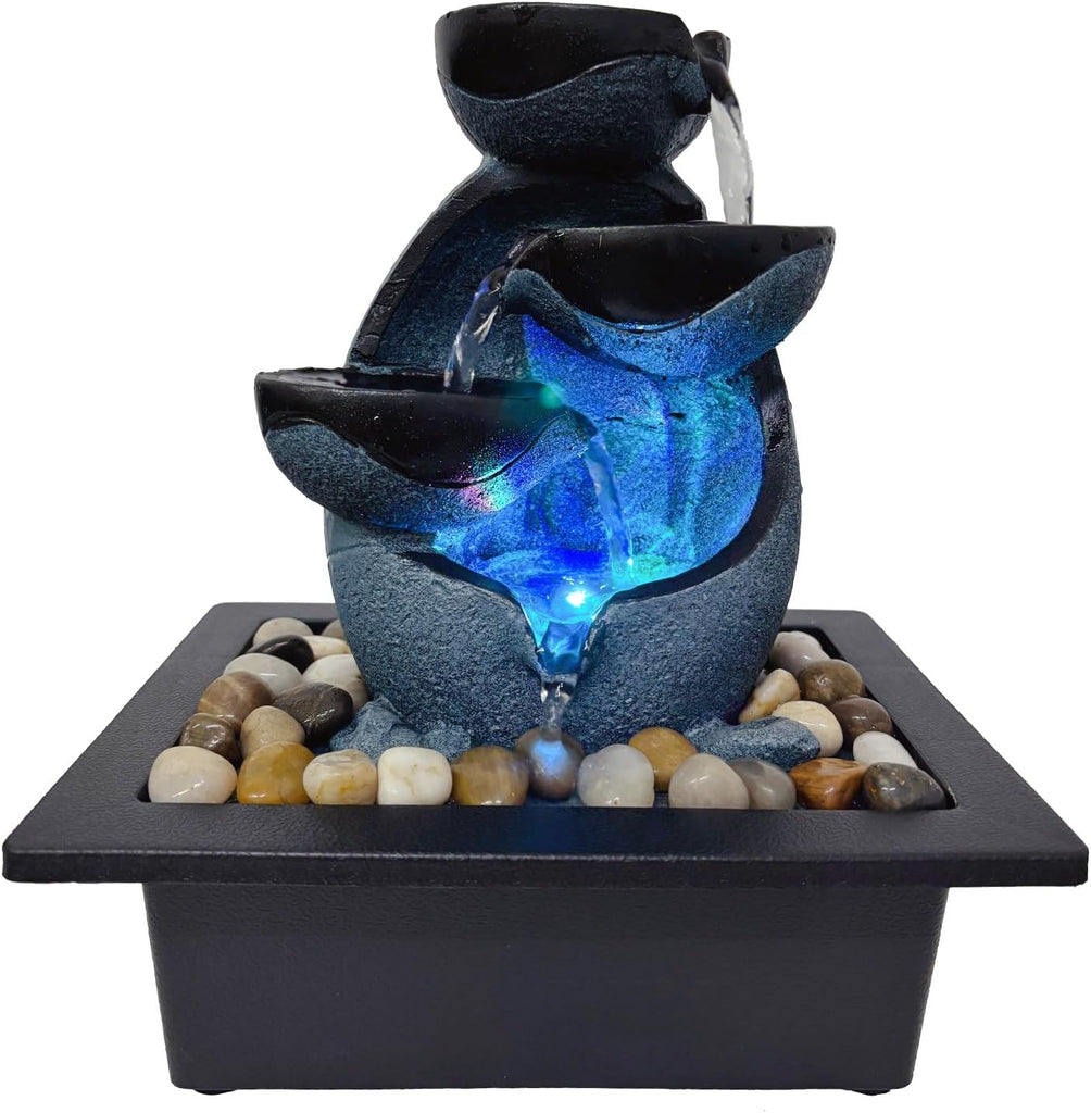 Tabletop Water Fountain with LED Lights, Indoor Resin Waterfall Fountain for Desk Office Home Decor, Zen Meditation