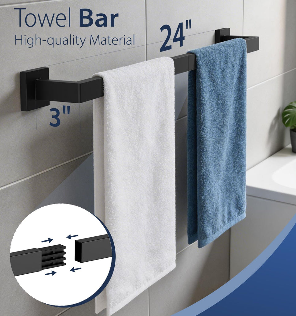 5-Piece Matte Black Bathroom Towel Bar Set, 24" Bathroom Hardware Kit