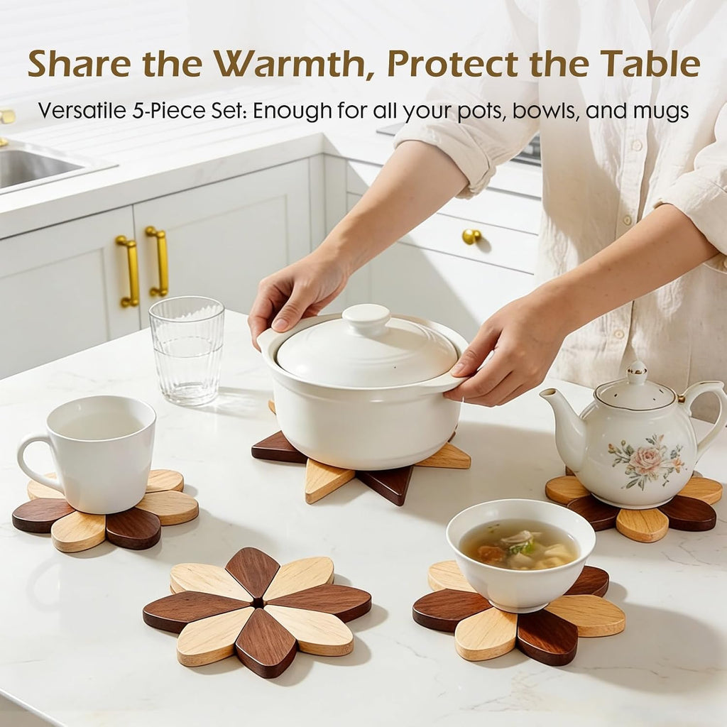 Wooden Trivets for Hot Dishes, Foldable Sunflower-Shaped, Thick Hot Pads for Countertops, Ceramic Pots - Set of 5