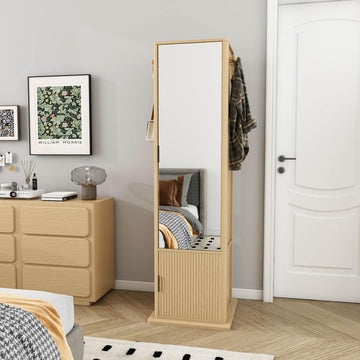 360° Rotating Mirror with Storage, 66" Jewelry Mirror Full Length, Oak