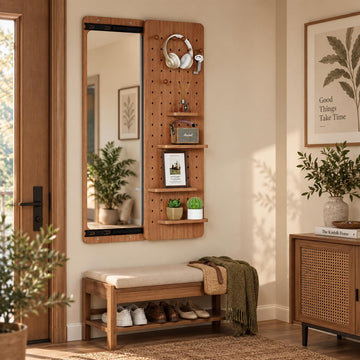 Wall Mounted Full Length Mirror with Storage Shelf and Hooks