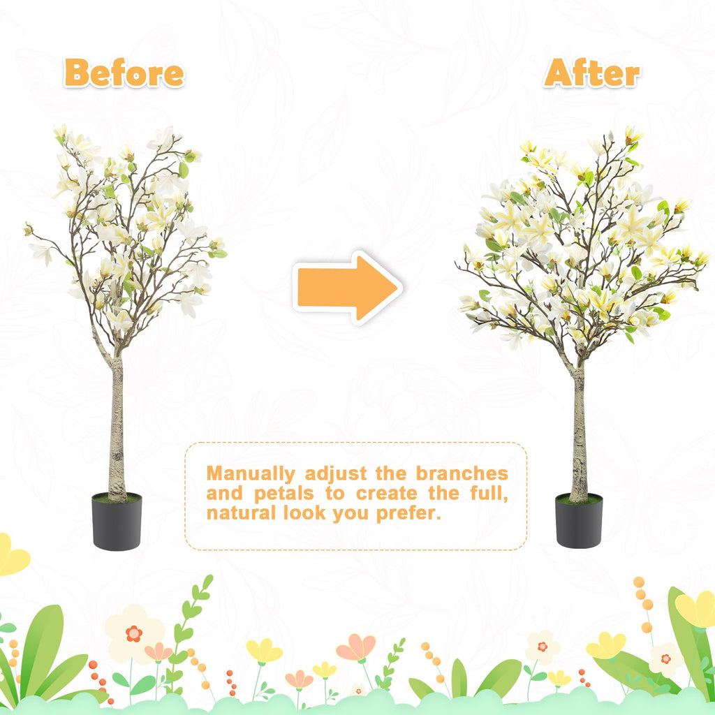 4FT Faux Magnolia Tree in Black Pot, White Artificial Plant, Room