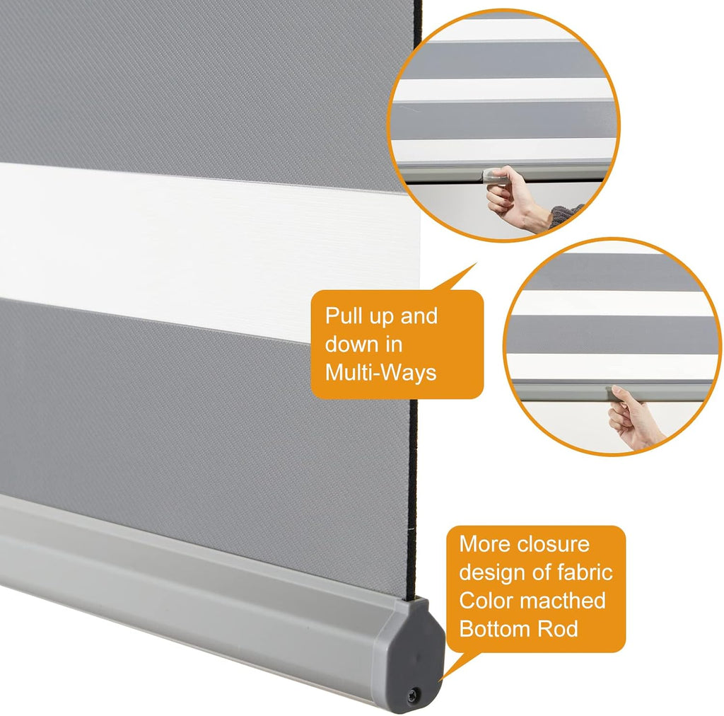Cordless Zebra Blinds for Windows Free-Stop Roller Windows Shades (34" W X 72" H, Grey) Dual Layer Light Control for Day and Night, Light Filtering Sheer Shades for Home, Easy to Install