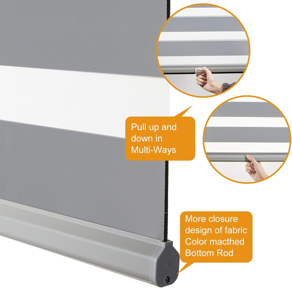 Cordless Zebra Blinds for Indoor Windows, Free-Stop Cordless, Light Filtering Sheer Shades Dual Layer for Day and Night, Roller Shades for Home (34.25" W X 64" H, Grey)