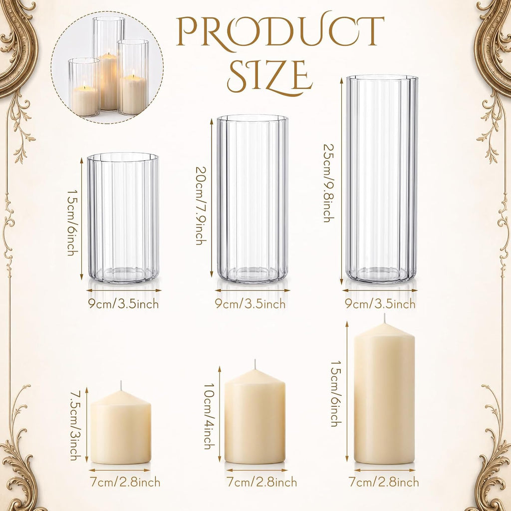 Ribbed Hurricane Glass Candle Holders, 3 Pcs Glass Cylinder Vases with 3 Pcs Unscented White Tall Pillar Candles for