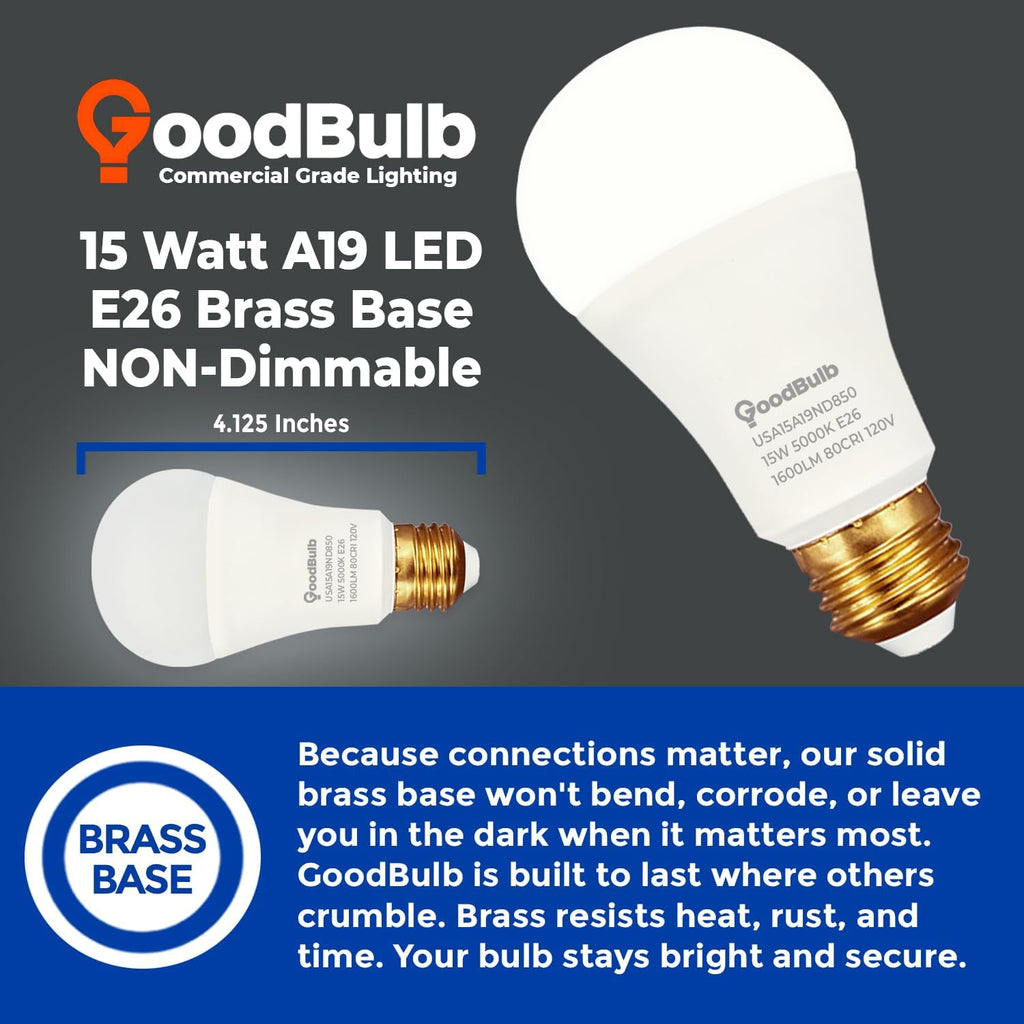 Made in USA A19 LED Light Bulbs, 100W Equivalent, 15W Non-dimmable, 5000K Daylight, 1600 Lumens, E26 Base, 25,000