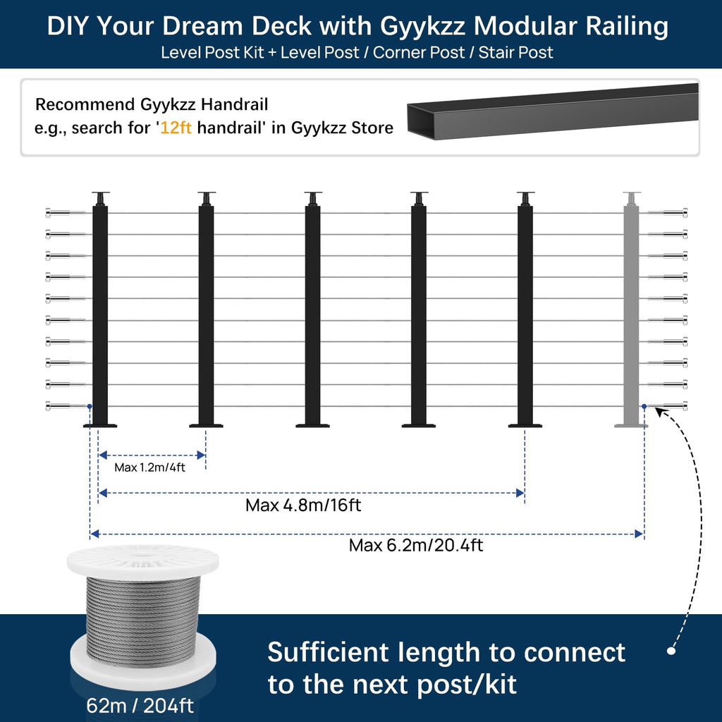 16-20FT Modular Cable Railing Kit 36", 5 Level Railing Post System