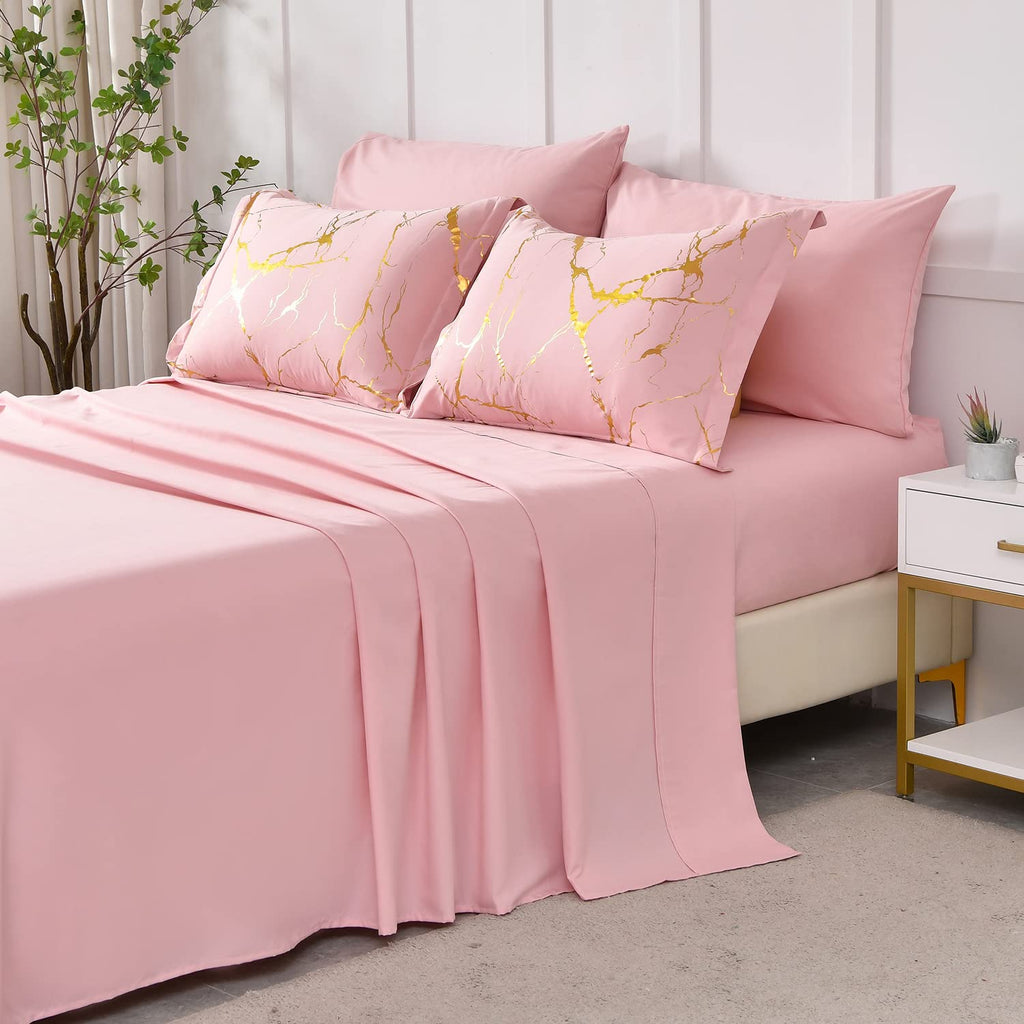Gold Metallic Marble Comforter Set Queen Size, 7 Piece Bed in a Bag, Foil Print Glitter Pink Comforter and Sheet