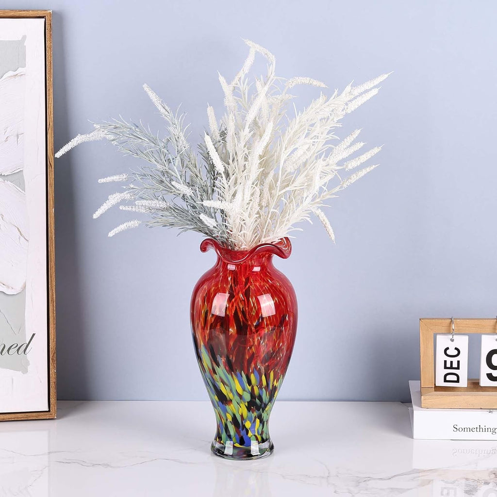 12.2H Murano Hand Blown Glass Vase, Ruffled Scalloped Rim Wide Mouth Colorful Decorative Flower Vase, Large Glass