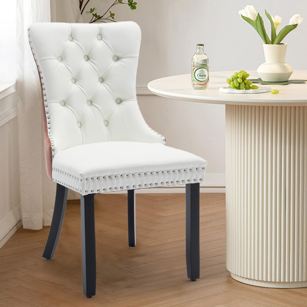 Leather Upholstered Dining Chairs Set of 4, Modern Style Kitchen Side Chairs with Nailhead Trim and Wood Leg, Metal