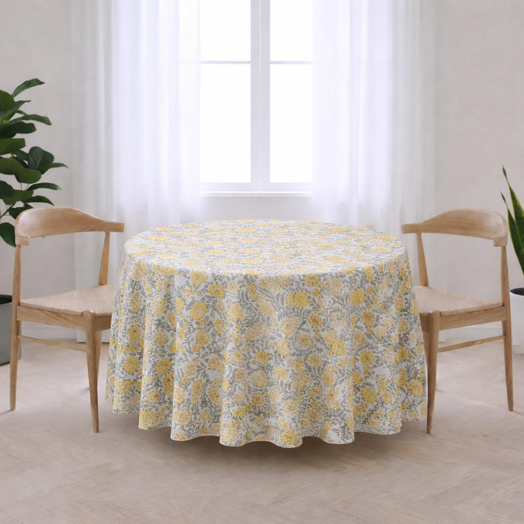 Yellow & White Floral Round Tablecloth, Hand Block Printed Cotton with Striped Border, Dining Table Cover, Handmade