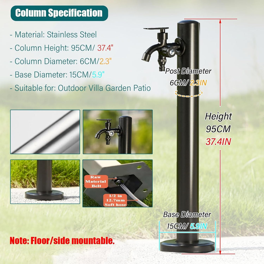 Standing Fountain Tap,Outdoor Patio Deck Floor Water Faucet System Column Round Post Tall 60 95 CM Water Hydrant for
