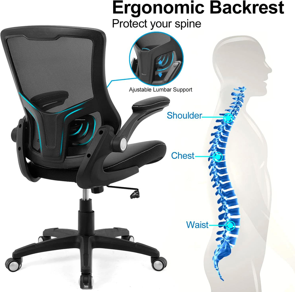 Ergonomic Desk Chair, Computer PU Leather Home, Swivel Mesh Back Adjustable Lumbar Support Flip-up Arms Executive