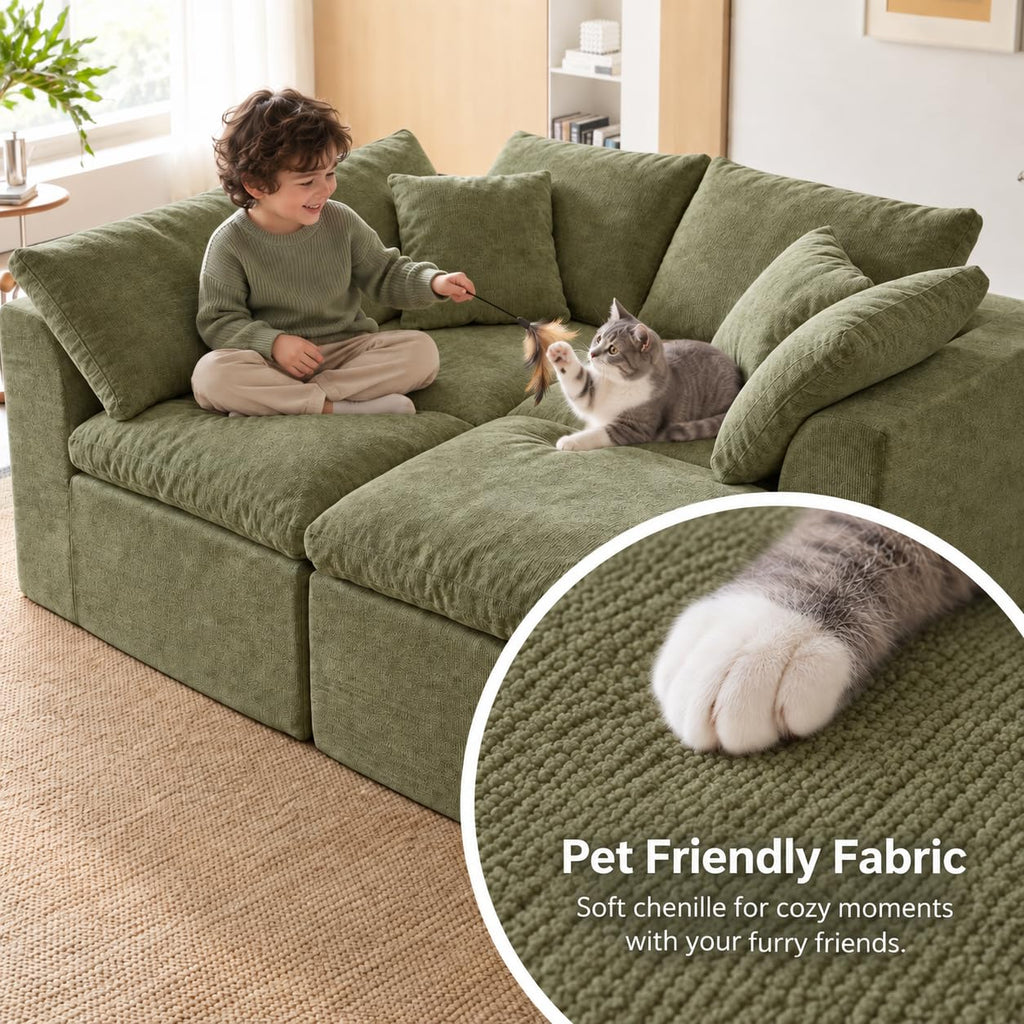 Modular Cloud Couch, Modern Sectional Couch with Ottoman, Comfy Chenille Deep Seat Memory Foam Boneless Sofa