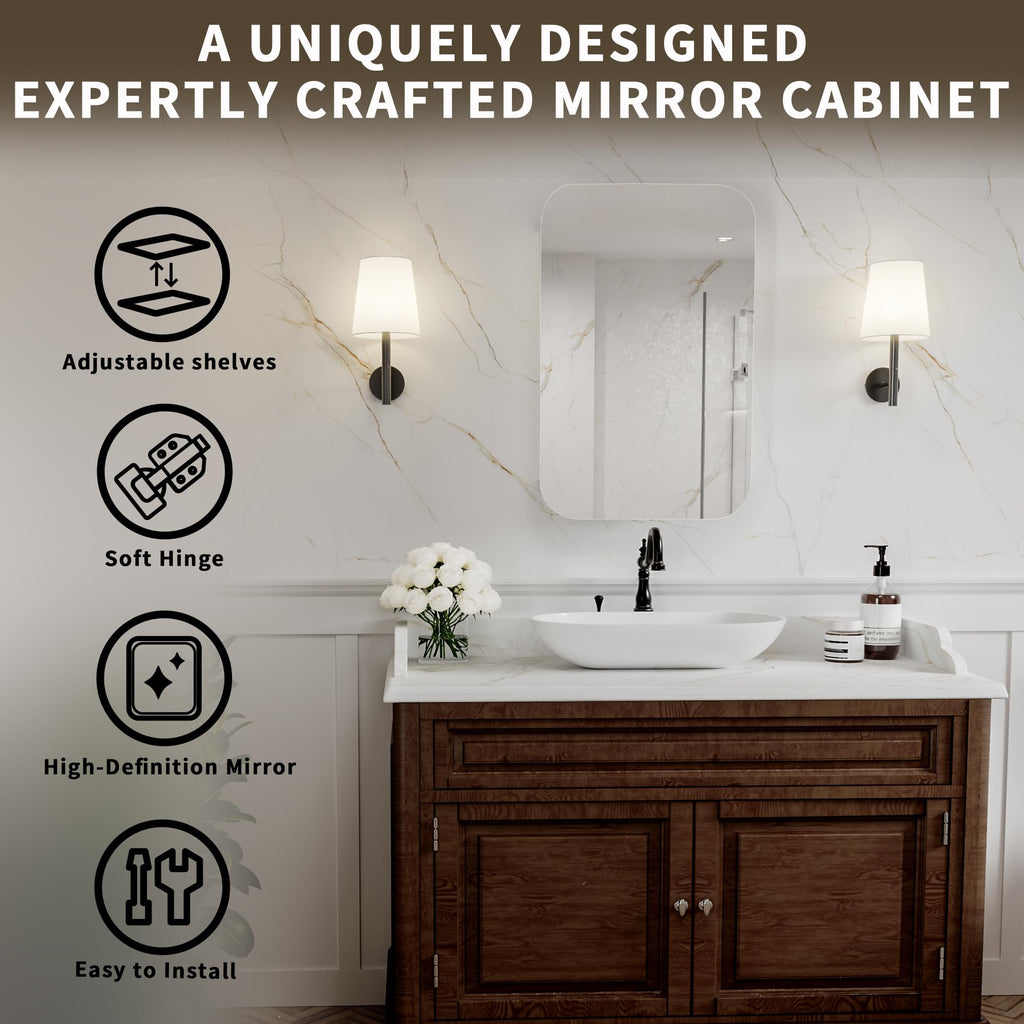 20 x 31 Inch Bathroom Medicine Cabinet with Mirror, Rounded Corner, Surface/Recessed, Aluminum Frame with Mirrored