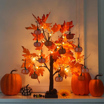 Fall Decorations, Thanksgiving Decorations, 24"2FT Lighted Maple Leaves Tree with 24 LEDs & 12 Wood Pumpkin