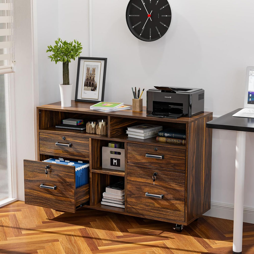 Dark Brown Wood Lateral File Cabinet with Lock, 4 Drawer & 4 Open Shelves, Rolling File Cabinet , Letter Sized