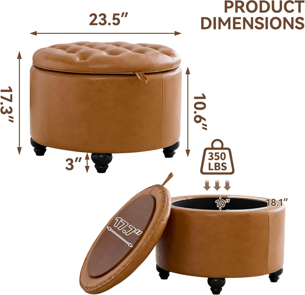 24Inch Round Storage Ottoman with Tray, Modern Tufted Leather Circle Coffee Table with Storage, Upholstered Ottoman
