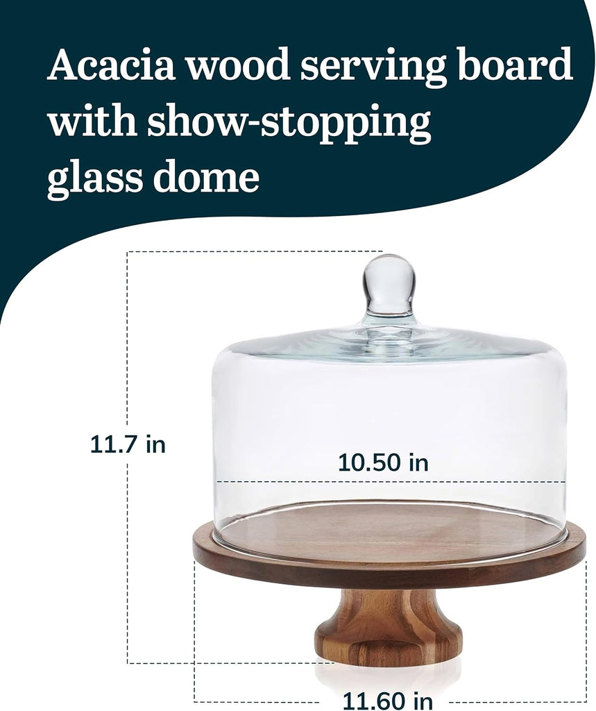 Acacia Wood Cake Stand with Glass Dome Lid, Footed Server - Set of 2