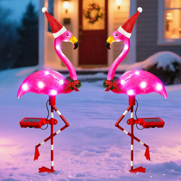Solar Outdoor Lights Christmas Decor, Solar Xmas Flamingo Lights Waterproof Garden Decor, Flamingo Stake Lights for