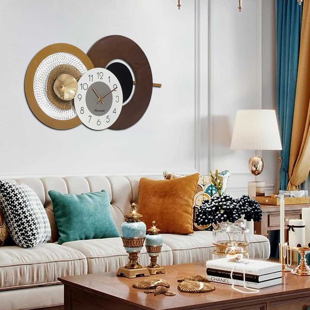 37.8x23 Inch Oversized Mid-Century Modern Wall Clock, Wood & Metal Frame, Silent Non-Ticking, Antique Brown & Gold