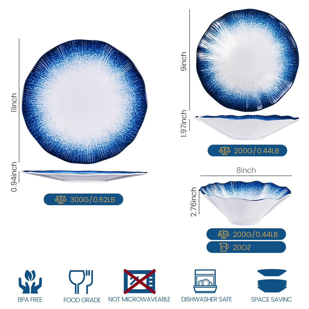 Blue Melamine Dinnerware Sets,12 Piece Service 4,coastal-style dining