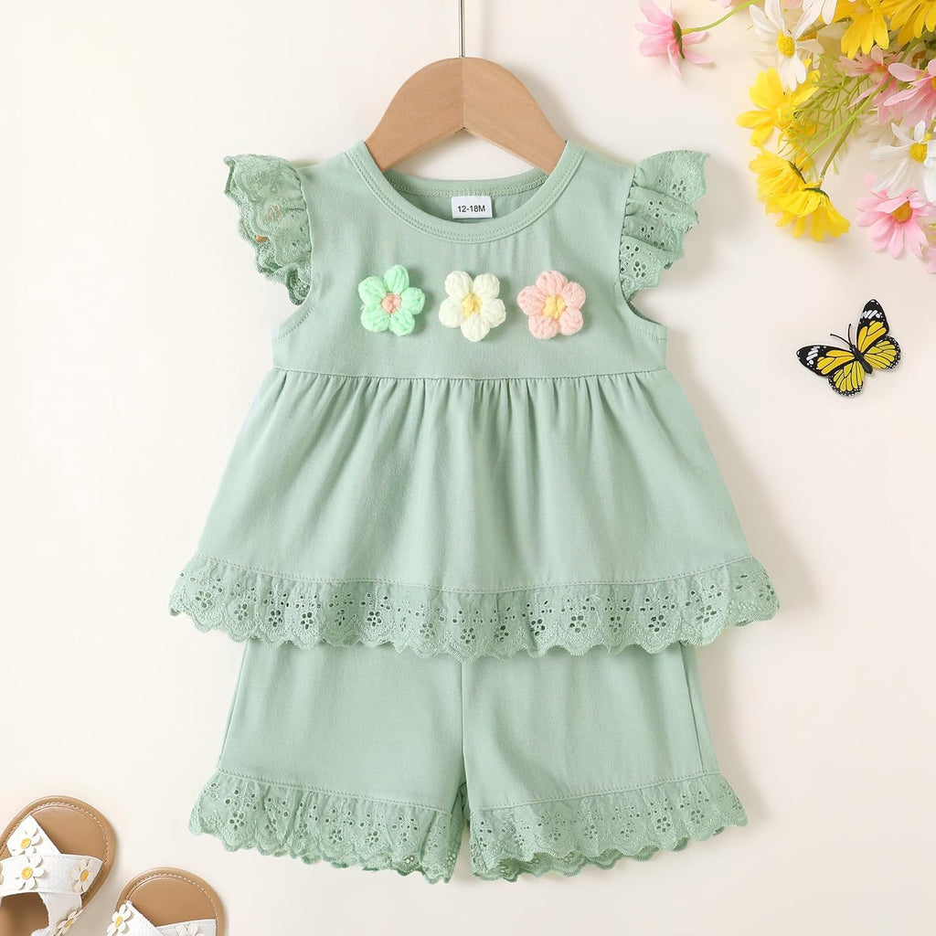 Toddler Girl Summer Clothes Flower Top & Shorts Cotton Blend Eyelet Trim Sets 2Pcs outfit