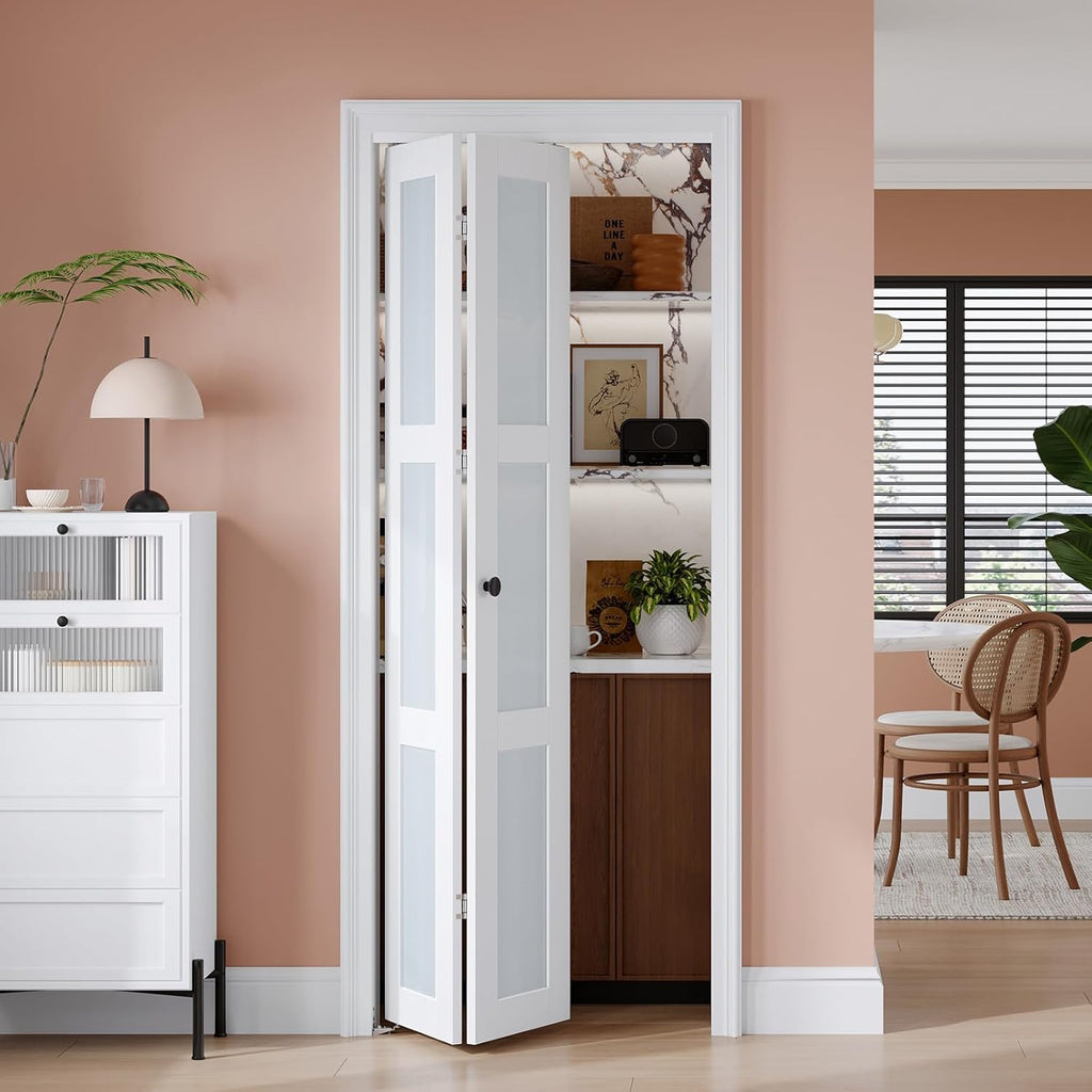 Preassembled Bi-Fold Doors, for 28"x 80" Opening,Tempered Frosted Glass Closet Folding Barn Door wit