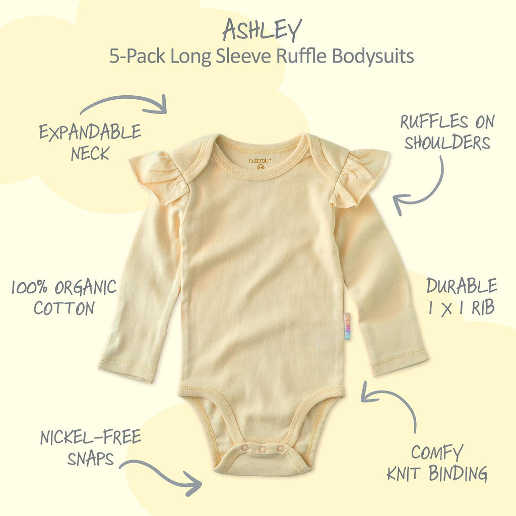 Ashley Pack Long Sleeve Ruffle Shoulder Bodysuits 100% Cotton