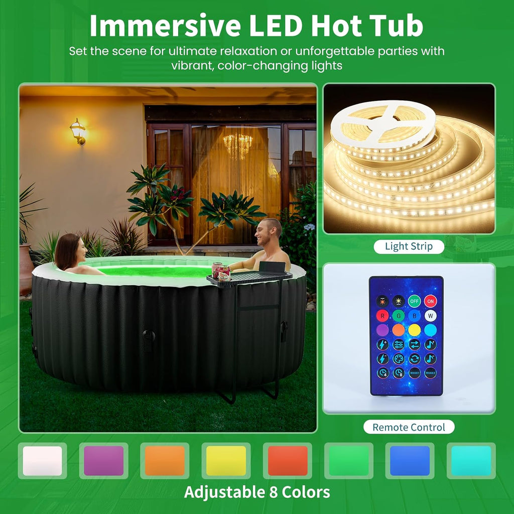 Inflatable Blow Up Hot Tub with LED Lights, 2 Person Oval Portable Hot Tub, Leak-Proof PVC Outdoor Spa with 100 Air