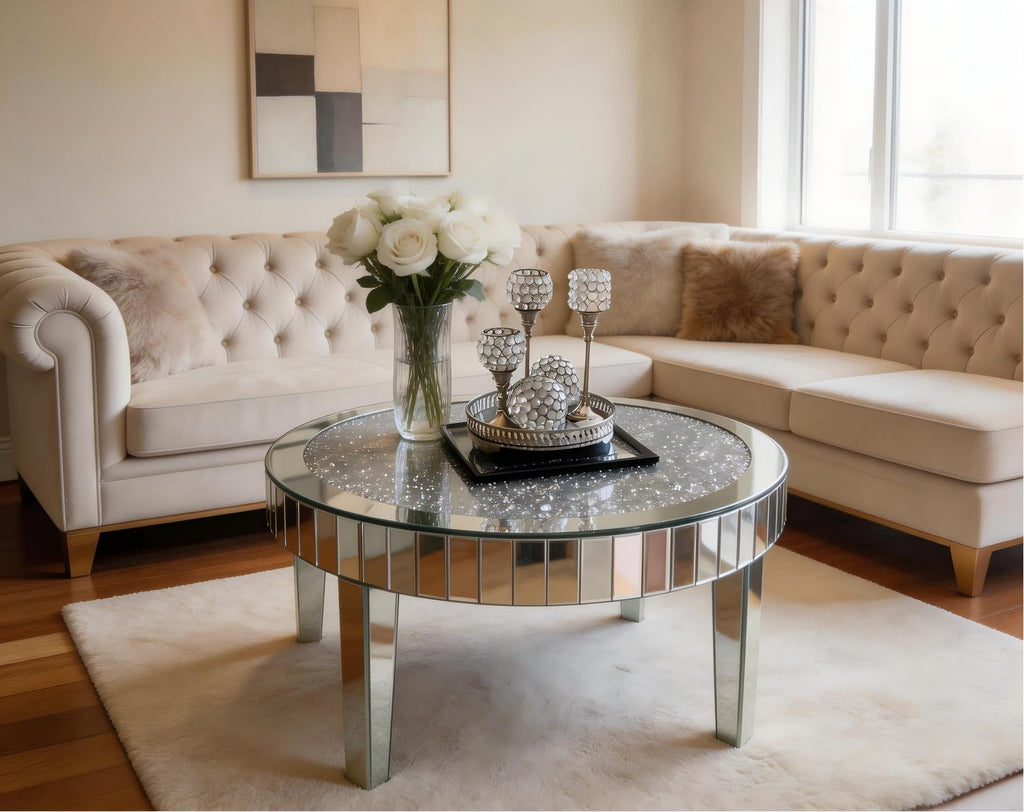 Silver Mirrored Coffee Table: 31.5in Round Crushed Diamond Tabletop
