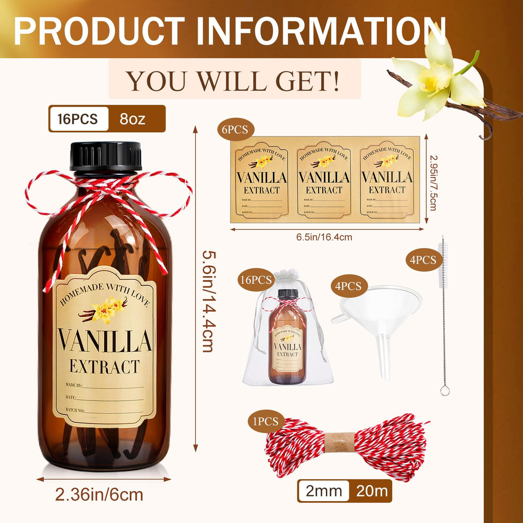 16Pcs 8 oz Amber Glass Bottle Boston Round Bottles for Vanilla Extract Homemade, Brown Vanilla Extract Bottles with