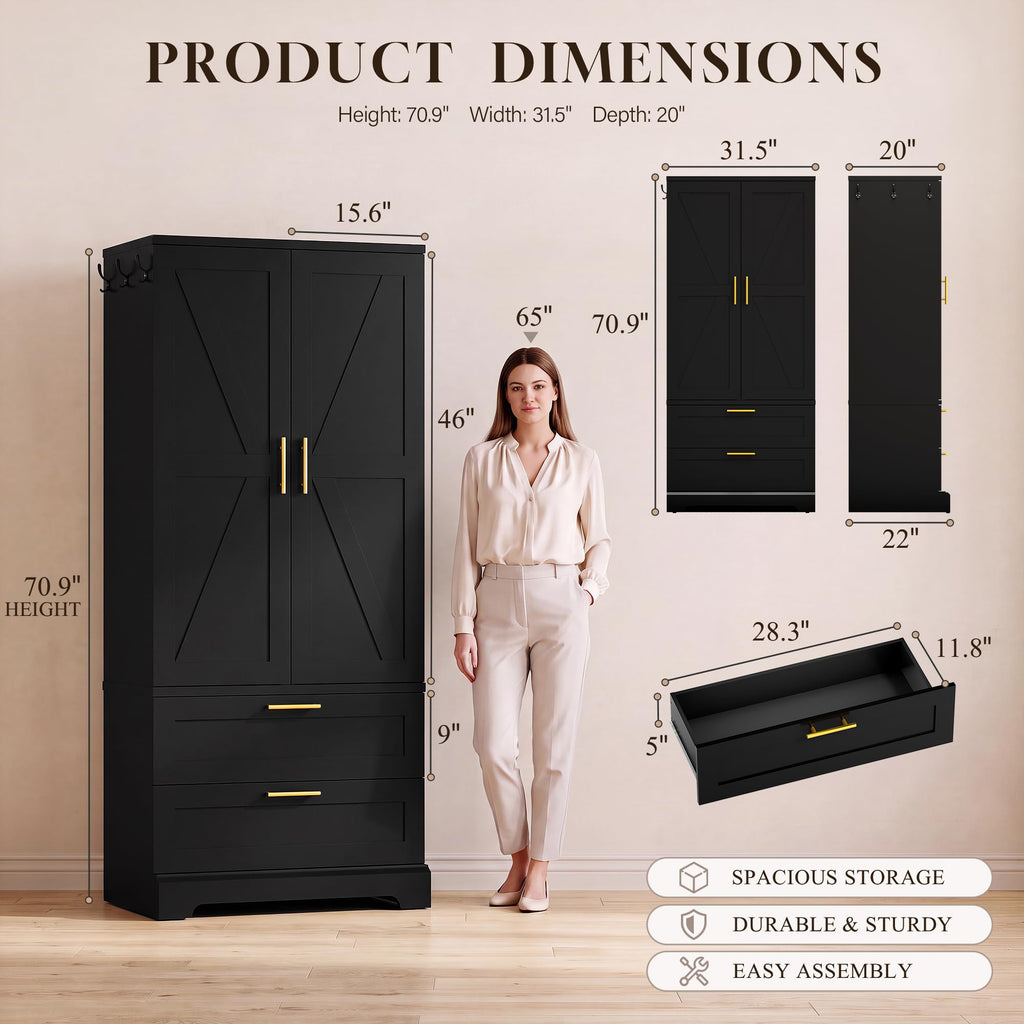 70.9" Armoire Wardrobe Closet with Sensor Light, 2 Drawers (Black)