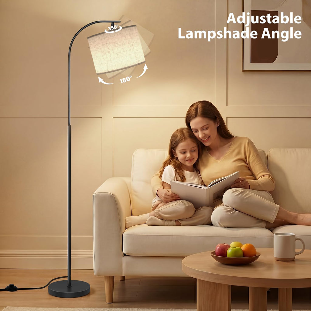 Floor Lamp with Linen Shade, Arc Dimmable Tall Standing Lamp with Remote Control, Modern Floor Reading Light Bedroom